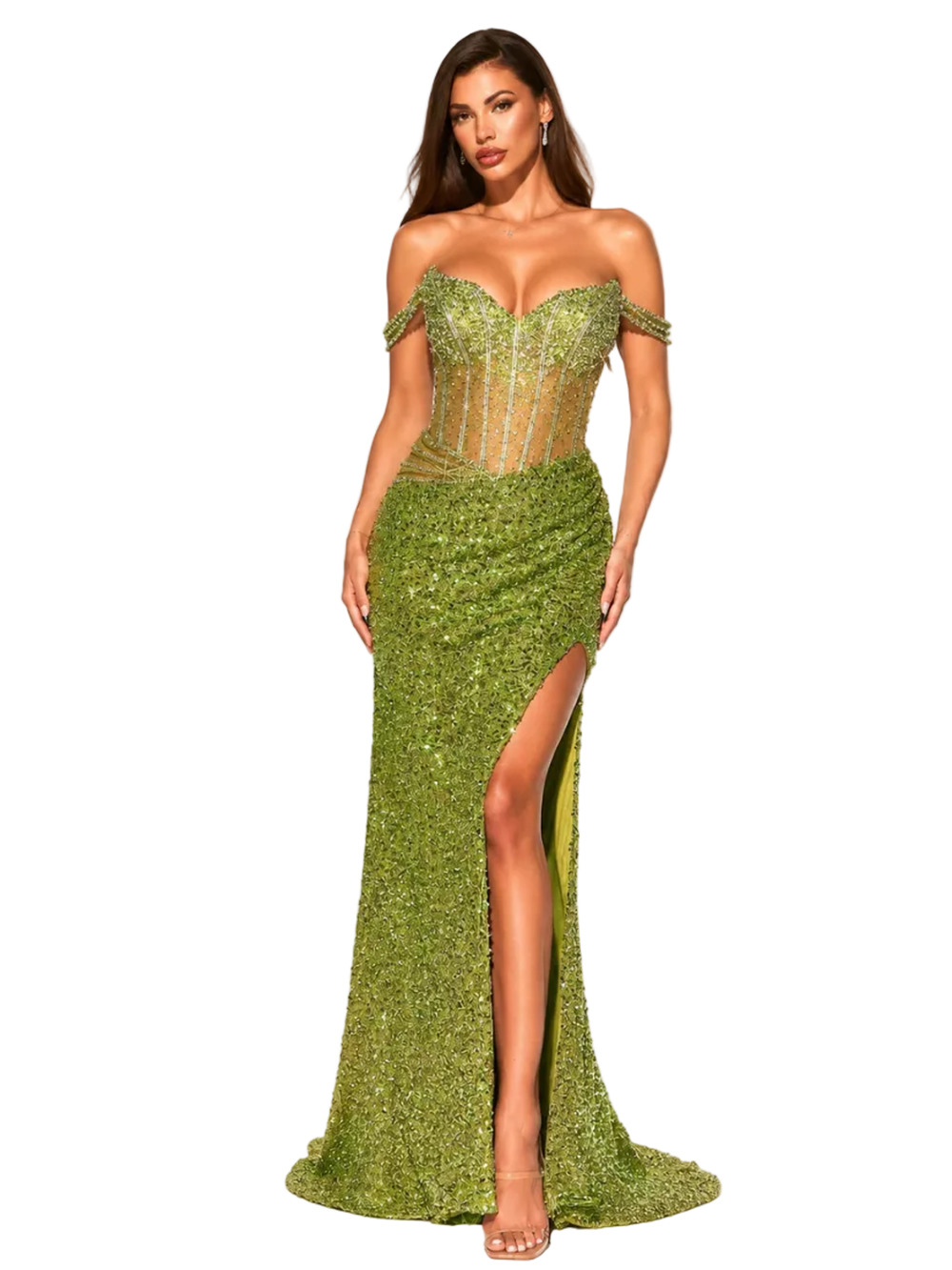 Ladivine CDS534 Greenery Sequin Crystal Off-Shoulder Fitted Gown – Size 2 / XS